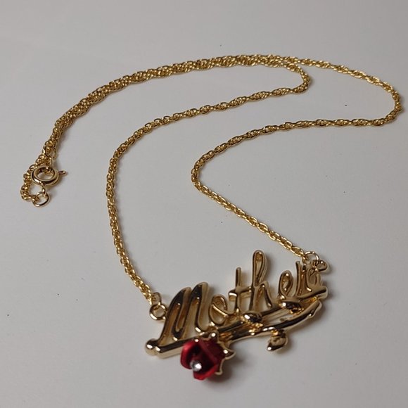 Gold Tone With Red Flower Mother Necklace 18 Inches Long - Picture 3 of 10